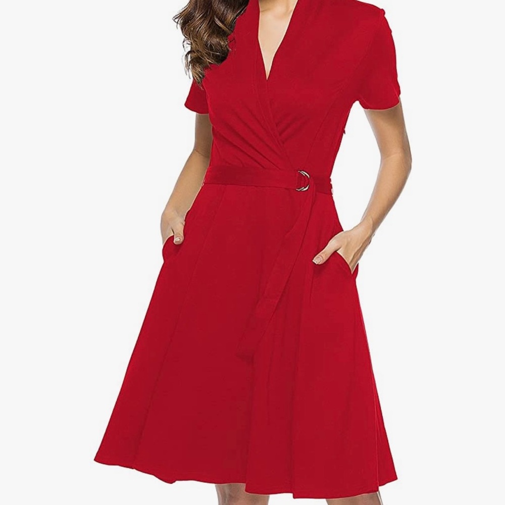 Hot Red V-Neck Short Sleeves Belted Swing Party Dresses with Pockets